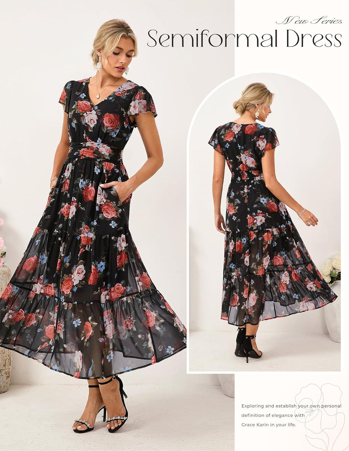 imageGRACE KARIN 2026 Women Summer DressMaxi Short Sleeve Floral DressesSemi Formal Flowy Wedding Guest Dress with PocketBlack With Roses