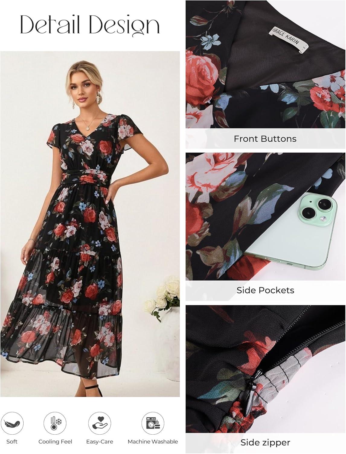 imageGRACE KARIN 2026 Women Summer DressMaxi Short Sleeve Floral DressesSemi Formal Flowy Wedding Guest Dress with PocketBlack With Roses