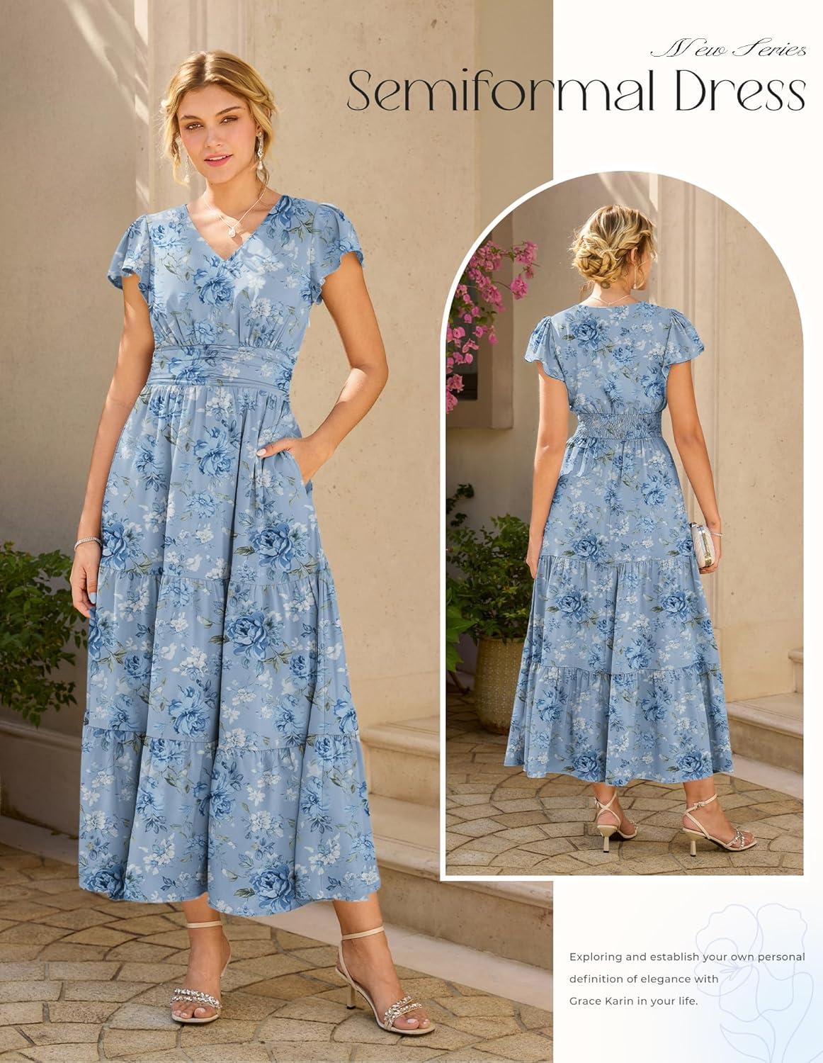 imageGRACE KARIN 2026 Women Summer DressMaxi Short Sleeve Floral DressesSemi Formal Flowy Wedding Guest Dress with PocketGrayblue With Blue and White Flowers