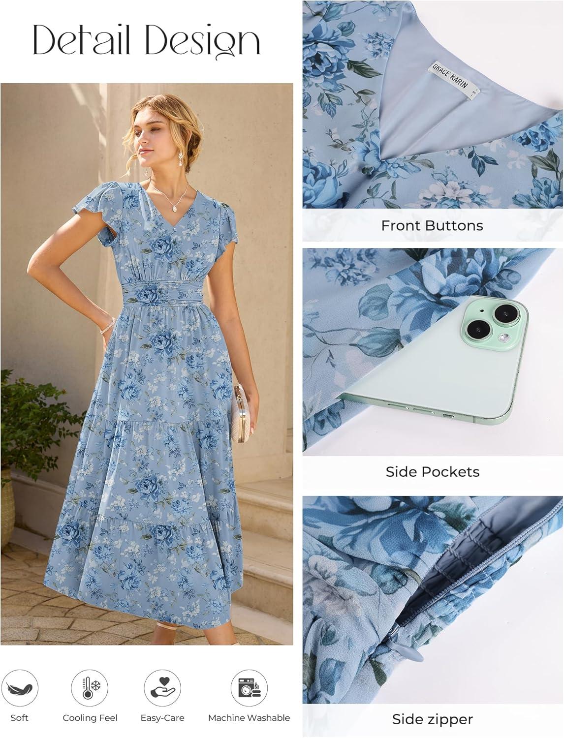 imageGRACE KARIN 2026 Women Summer DressMaxi Short Sleeve Floral DressesSemi Formal Flowy Wedding Guest Dress with PocketGrayblue With Blue and White Flowers