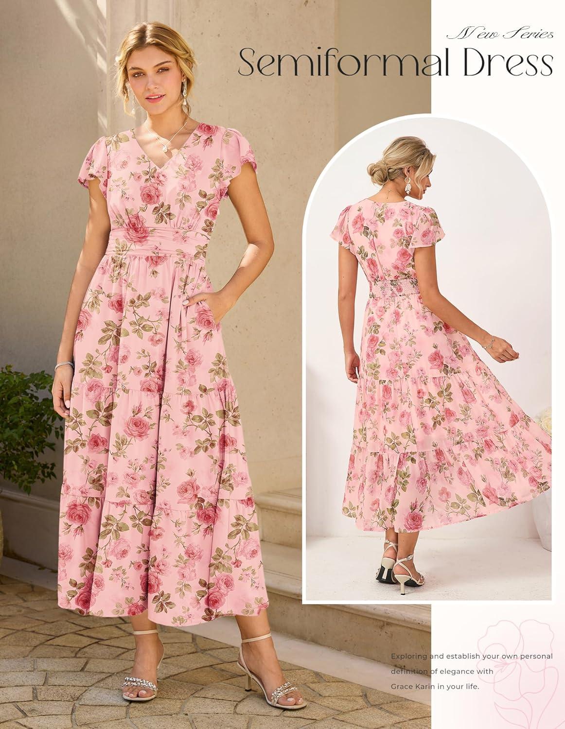 imageGRACE KARIN 2026 Women Summer DressMaxi Short Sleeve Floral DressesSemi Formal Flowy Wedding Guest Dress with PocketGrayishpink With Pink Rose