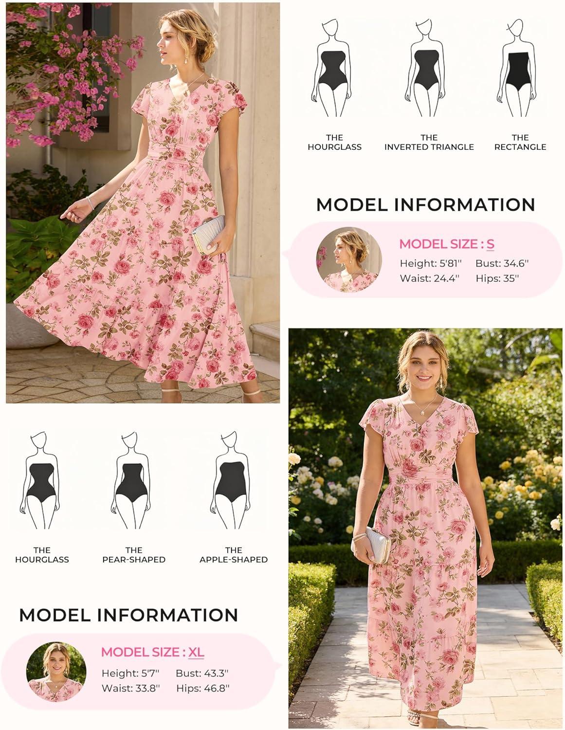 imageGRACE KARIN 2026 Women Summer DressMaxi Short Sleeve Floral DressesSemi Formal Flowy Wedding Guest Dress with PocketGrayishpink With Pink Rose