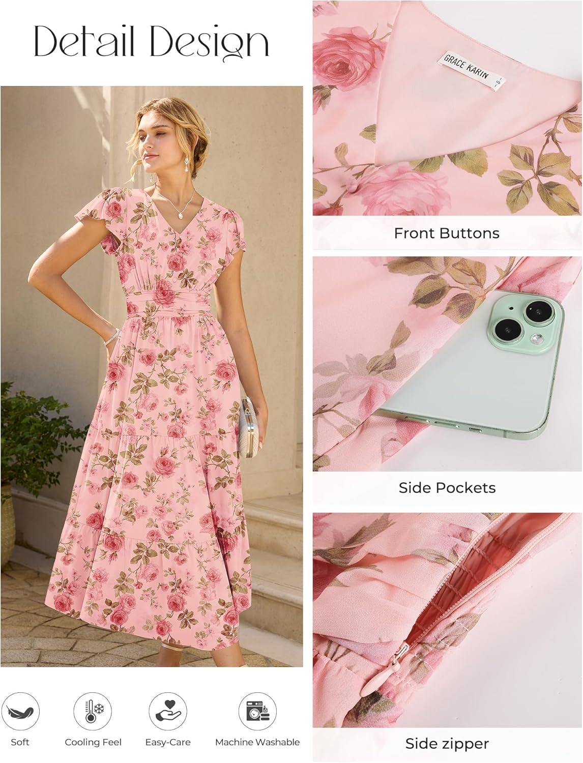 imageGRACE KARIN 2026 Women Summer DressMaxi Short Sleeve Floral DressesSemi Formal Flowy Wedding Guest Dress with PocketGrayishpink With Pink Rose