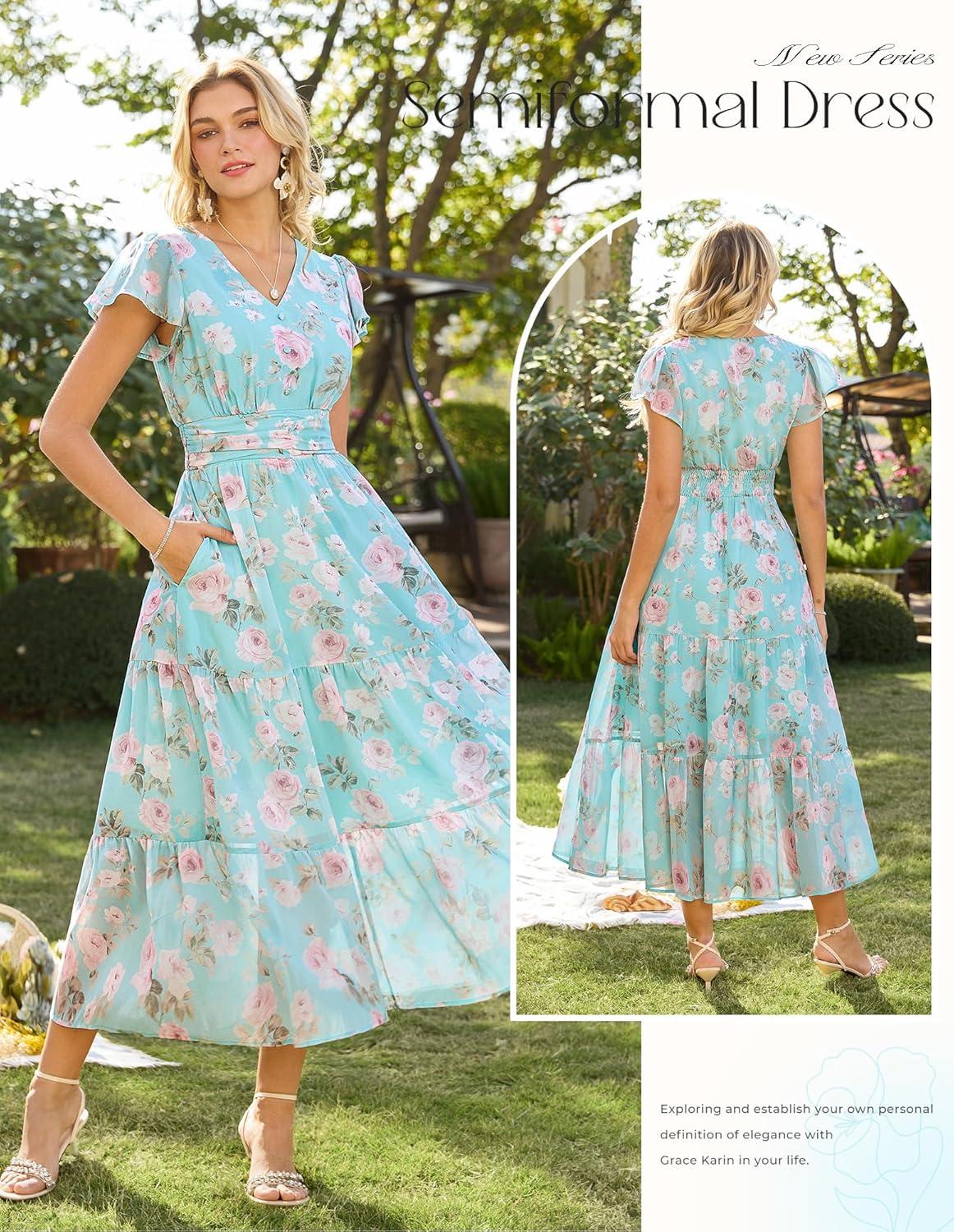 imageGRACE KARIN 2026 Women Summer DressMaxi Short Sleeve Floral DressesSemi Formal Flowy Wedding Guest Dress with PocketMint Green With Light Pink Roses