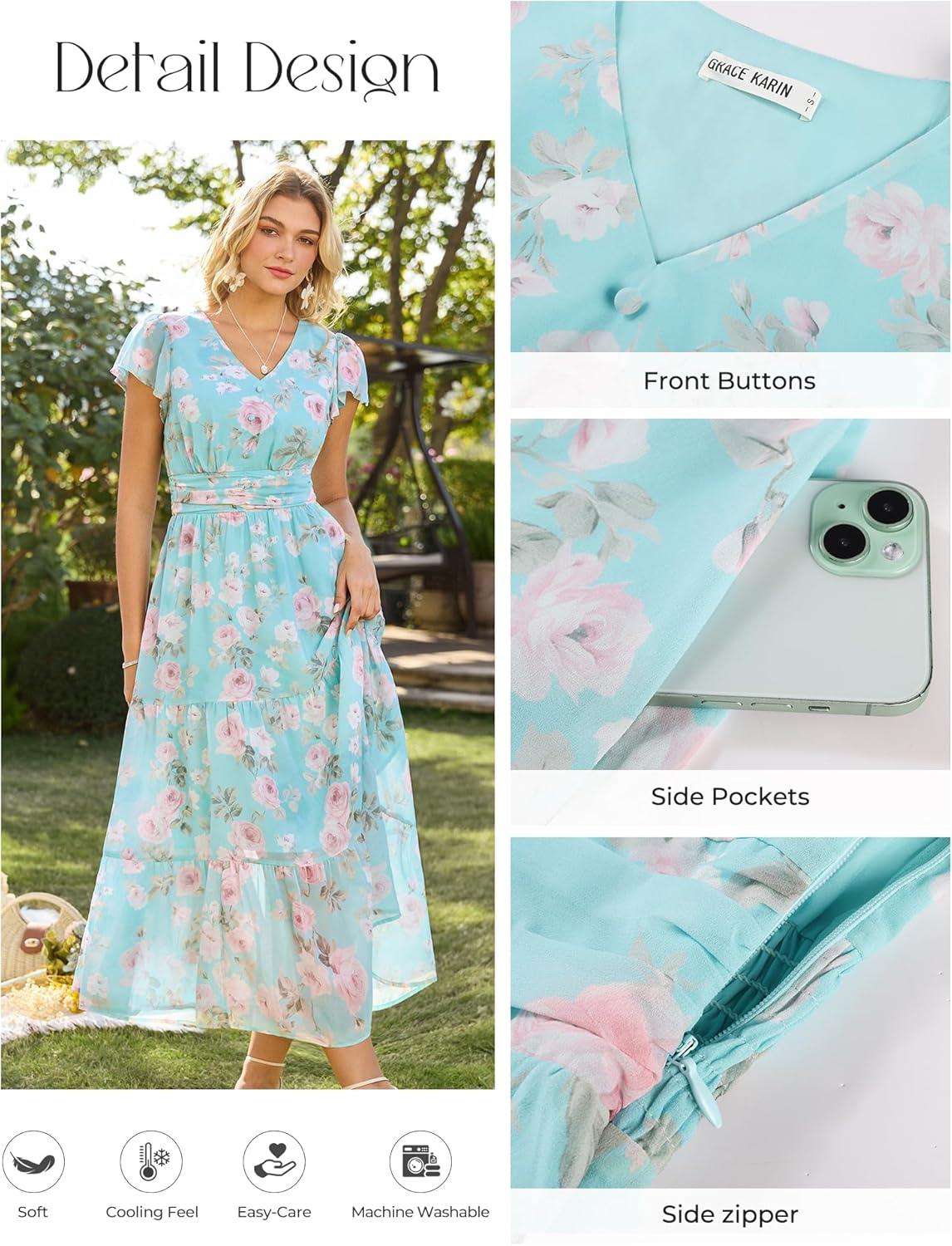 imageGRACE KARIN 2026 Women Summer DressMaxi Short Sleeve Floral DressesSemi Formal Flowy Wedding Guest Dress with PocketMint Green With Light Pink Roses