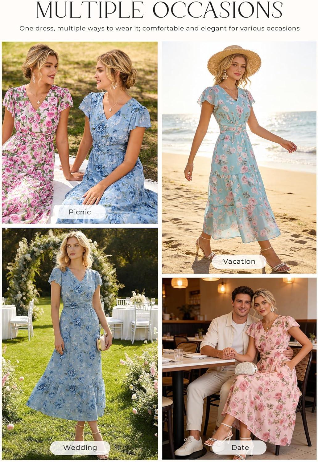 imageGRACE KARIN 2026 Women Summer DressMaxi Short Sleeve Floral DressesSemi Formal Flowy Wedding Guest Dress with PocketNavy Blue With White Flowers