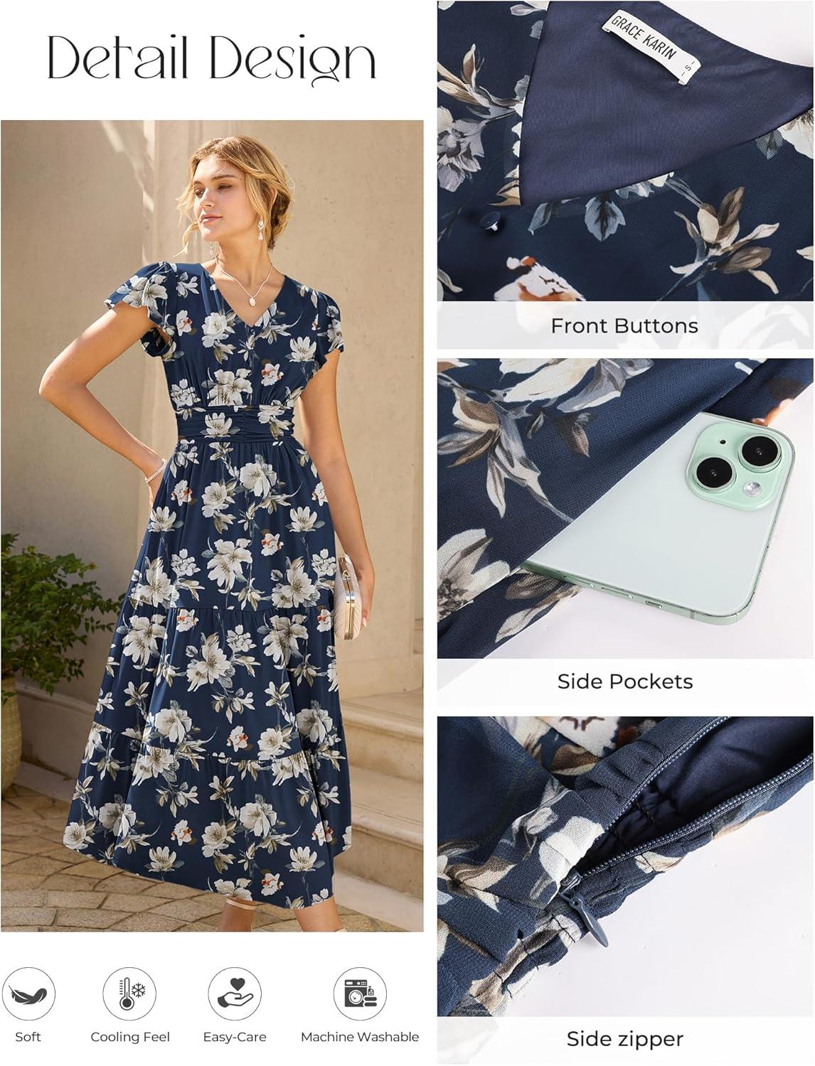 imageGRACE KARIN 2026 Women Summer DressMaxi Short Sleeve Floral DressesSemi Formal Flowy Wedding Guest Dress with PocketNavy Blue With White Flowers