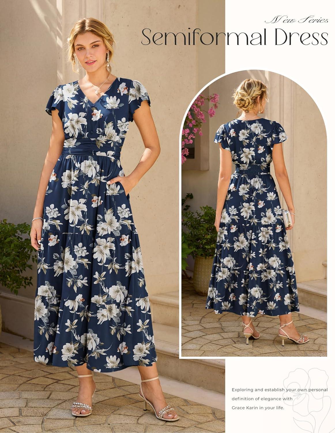 imageGRACE KARIN 2026 Women Summer DressMaxi Short Sleeve Floral DressesSemi Formal Flowy Wedding Guest Dress with PocketNavy Blue With White Flowers