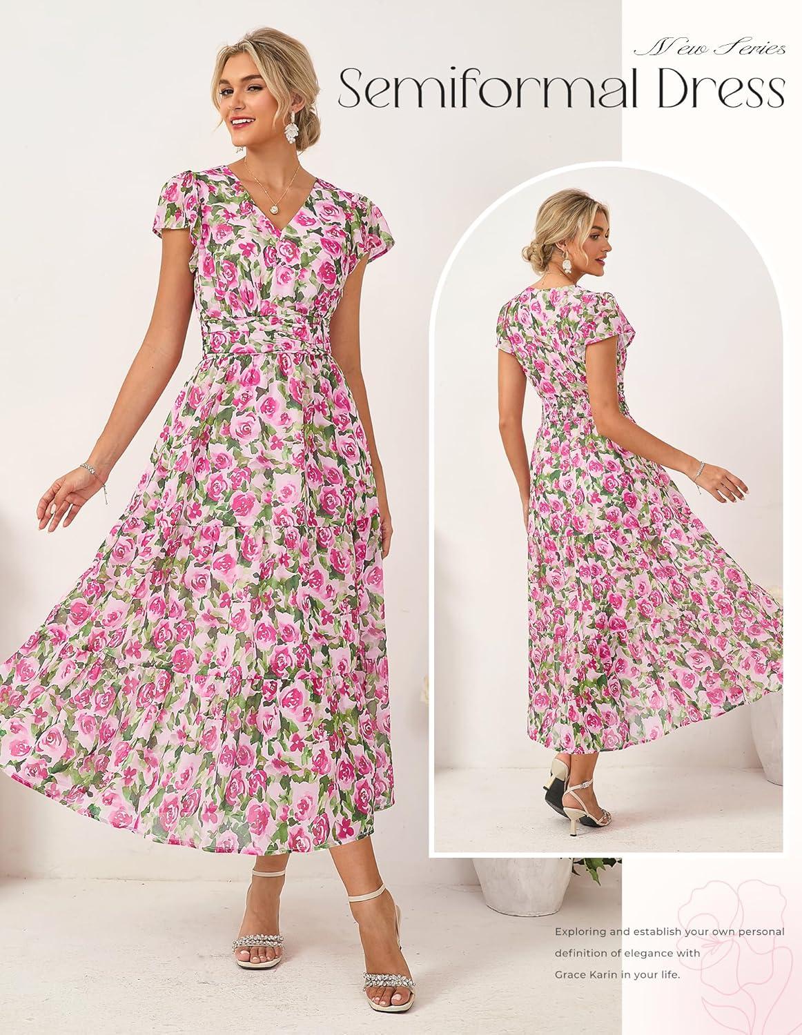 imageGRACE KARIN 2026 Women Summer DressMaxi Short Sleeve Floral DressesSemi Formal Flowy Wedding Guest Dress with PocketRose Pink Gradient Flowers