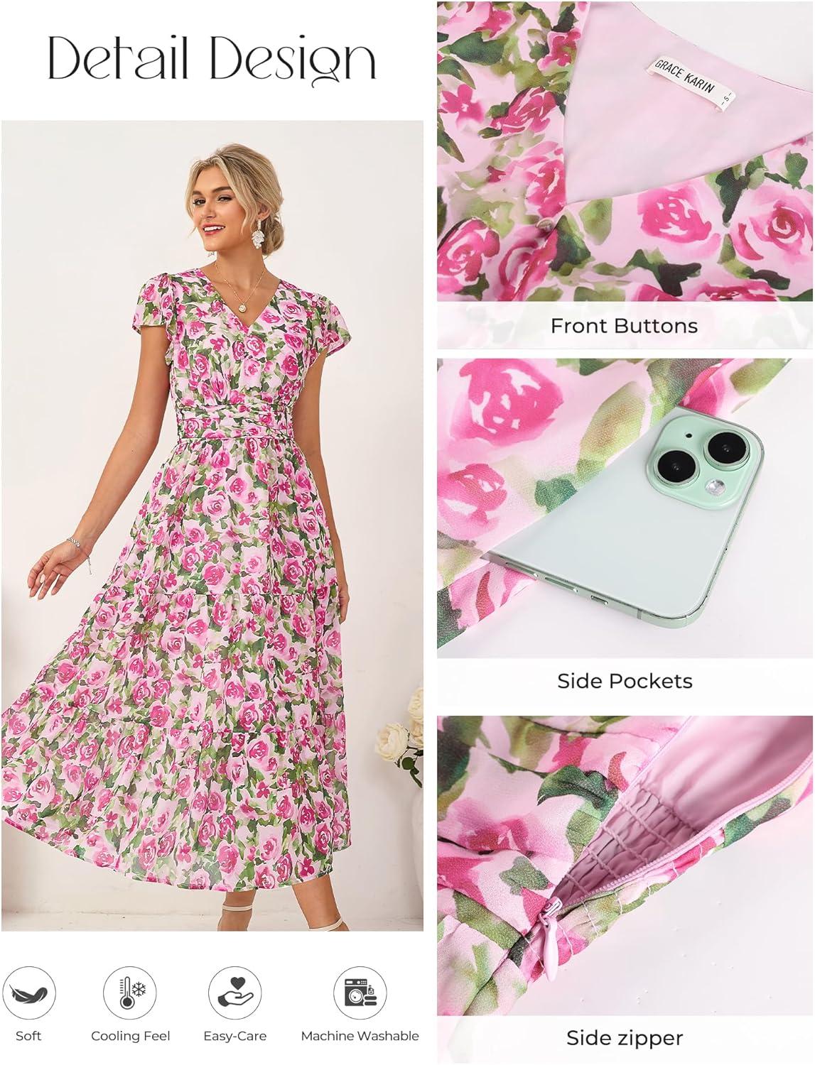 imageGRACE KARIN 2026 Women Summer DressMaxi Short Sleeve Floral DressesSemi Formal Flowy Wedding Guest Dress with PocketRose Pink Gradient Flowers