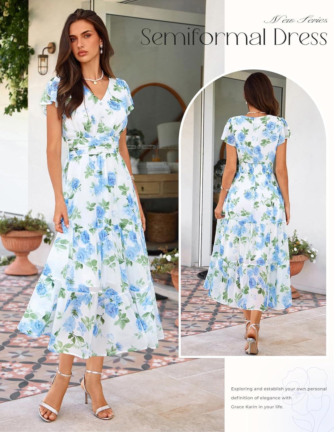 imageGRACE KARIN 2026 Women Summer DressMaxi Short Sleeve Floral DressesSemi Formal Flowy Wedding Guest Dress with PocketWhite With Blue Flowers