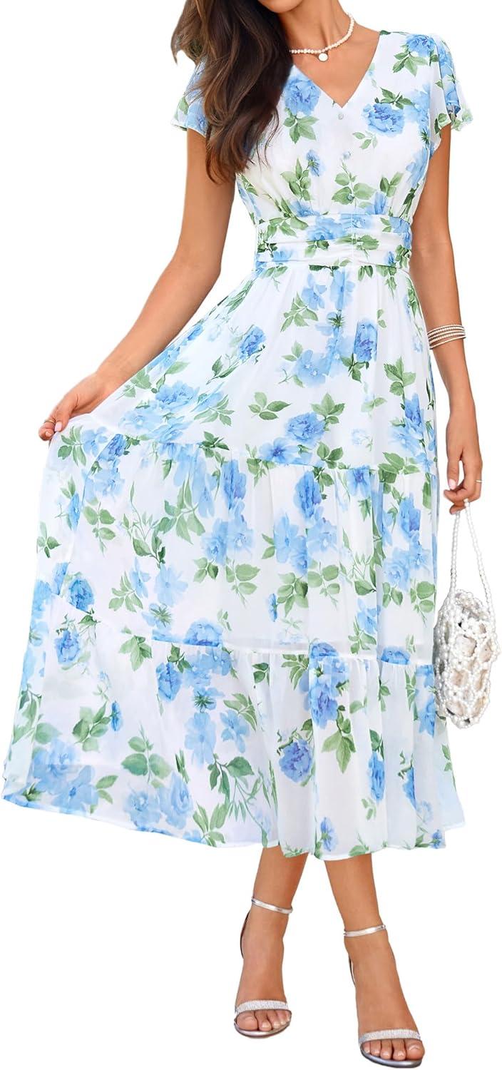 imageGRACE KARIN 2026 Women Summer DressMaxi Short Sleeve Floral DressesSemi Formal Flowy Wedding Guest Dress with PocketWhite With Blue Flowers
