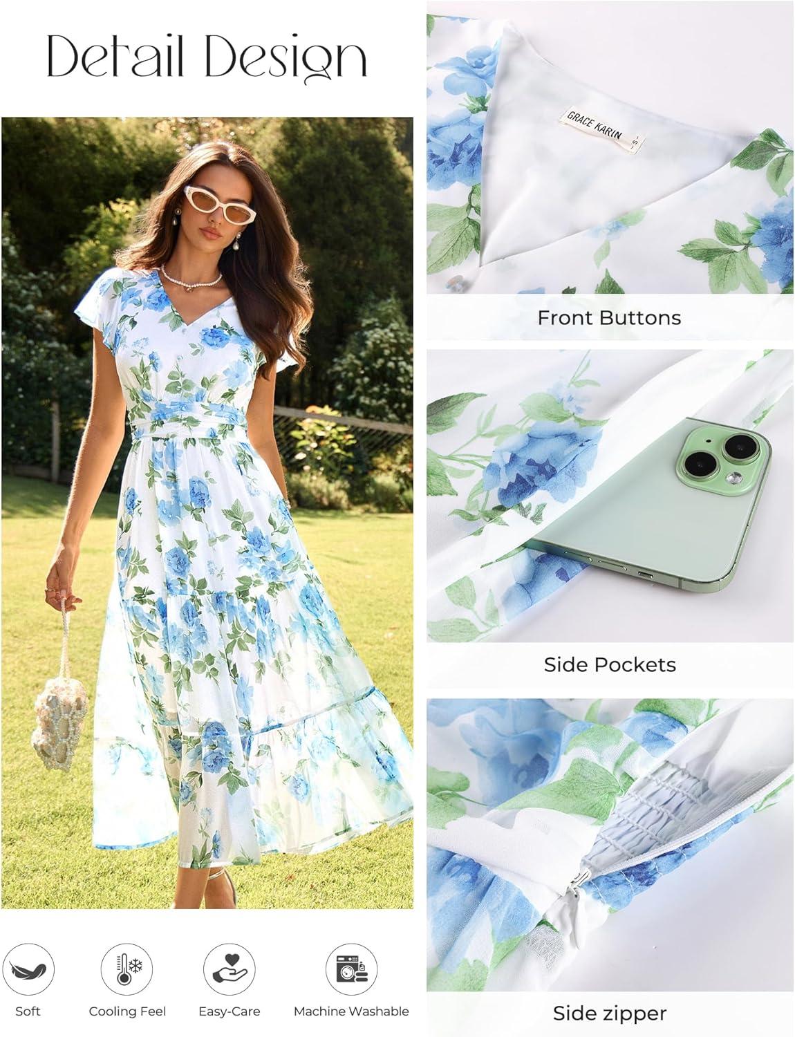 imageGRACE KARIN 2026 Women Summer DressMaxi Short Sleeve Floral DressesSemi Formal Flowy Wedding Guest Dress with PocketWhite With Blue Flowers