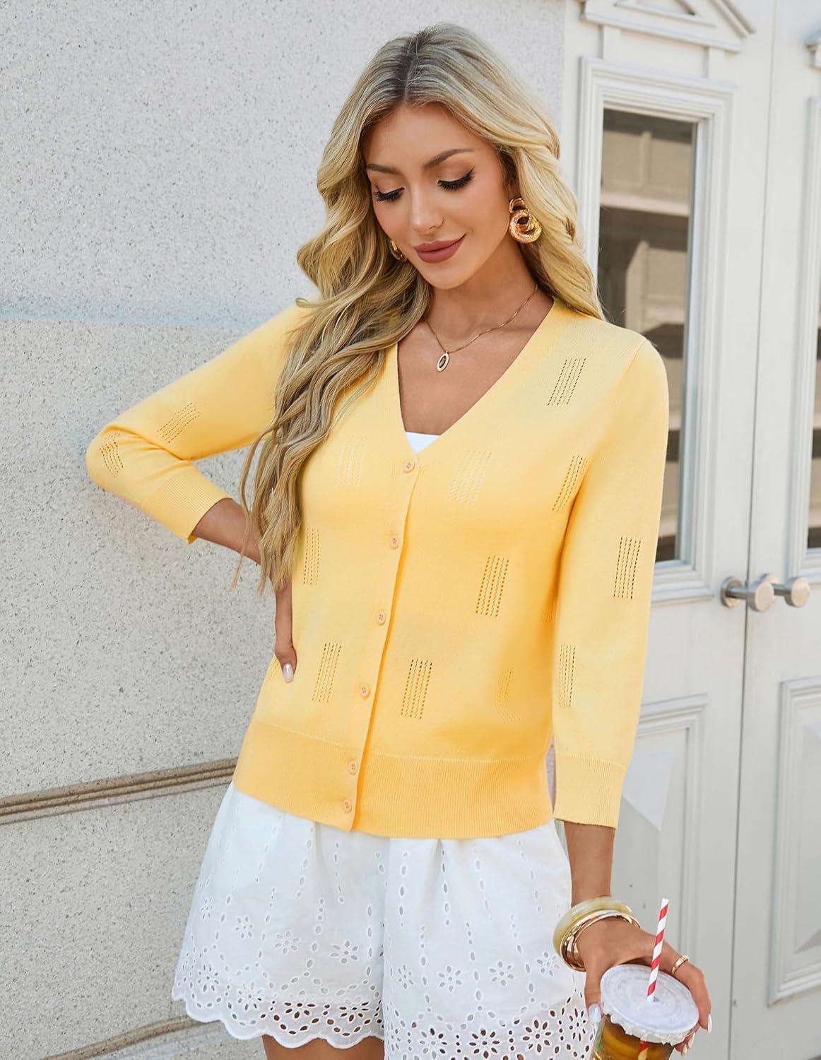 imageGRACE KARIN Women 34 Sleeve Cropped Cardigans Lightweight Summer Cardigan Sweaters Open Front Bolero ShrugButter Yellow