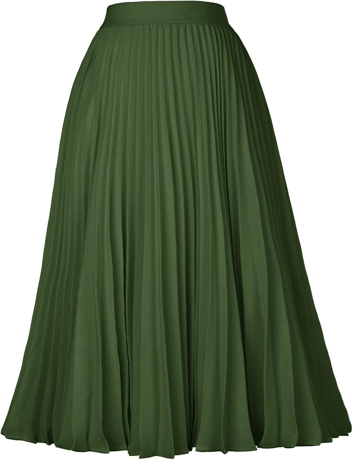 imageGRACE KARIN Women High Elastic Waist Pleated Chiffon Skirt Midi Swing Aline SkirtsAmry Green