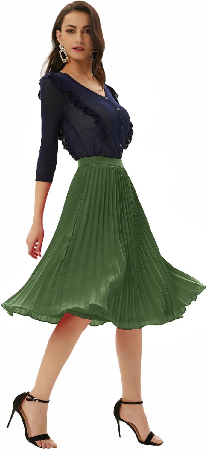 imageGRACE KARIN Women High Elastic Waist Pleated Chiffon Skirt Midi Swing Aline SkirtsAmry Green