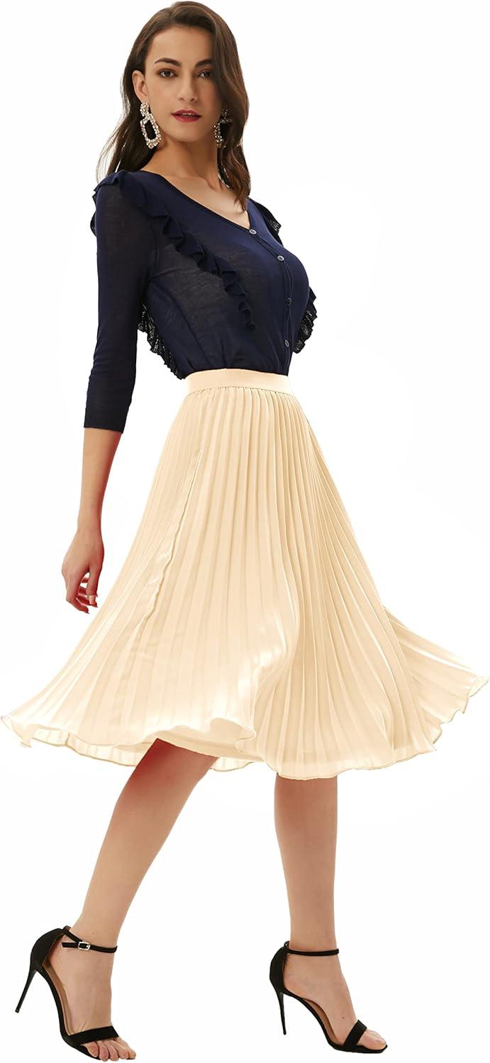 imageGRACE KARIN Women High Elastic Waist Pleated Chiffon Skirt Midi Swing Aline SkirtsApricot