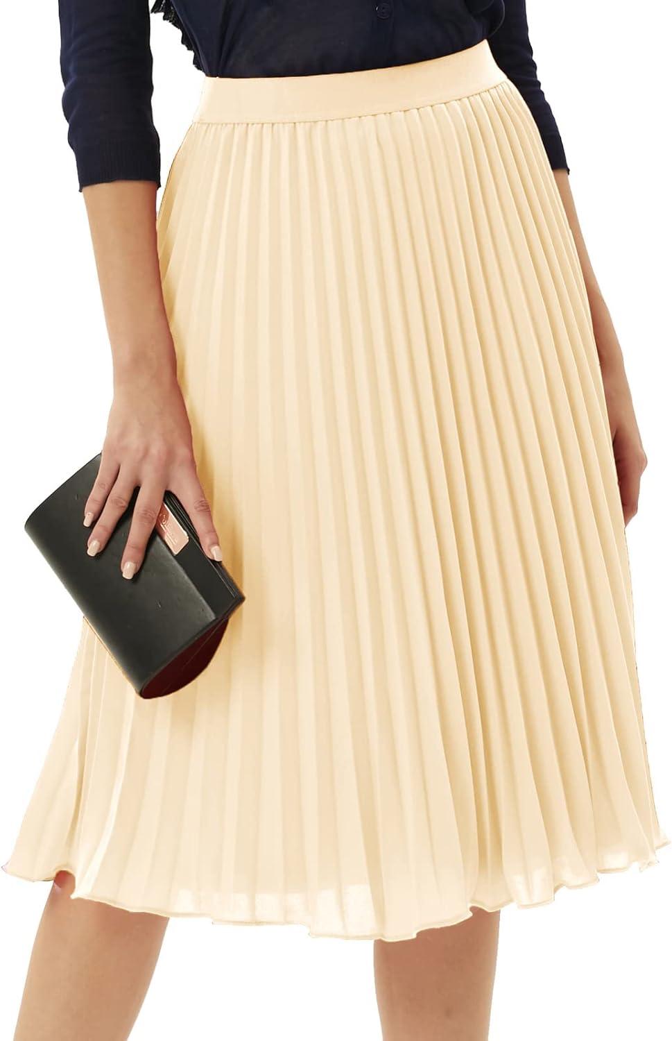 imageGRACE KARIN Women High Elastic Waist Pleated Chiffon Skirt Midi Swing Aline SkirtsApricot