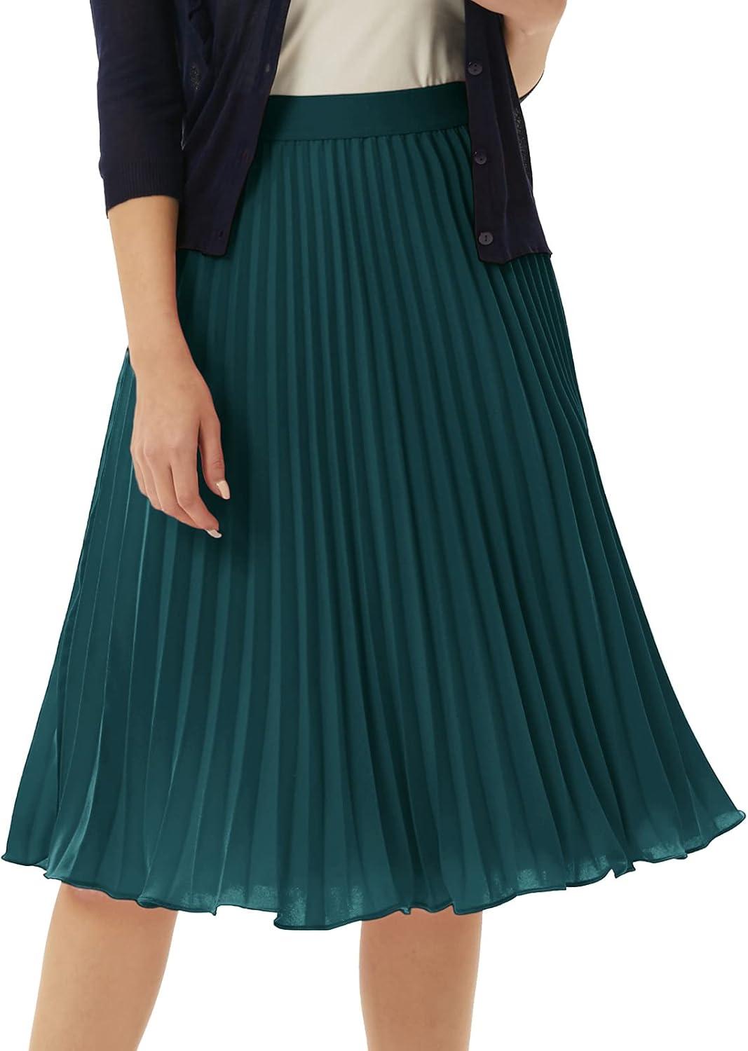 imageGRACE KARIN Women High Elastic Waist Pleated Chiffon Skirt Midi Swing Aline SkirtsBlackish Green