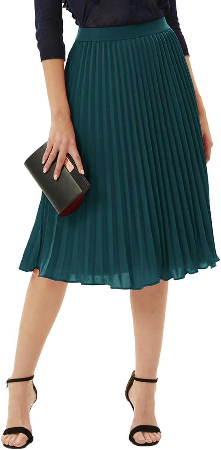 imageGRACE KARIN Women High Elastic Waist Pleated Chiffon Skirt Midi Swing Aline SkirtsBlackish Green