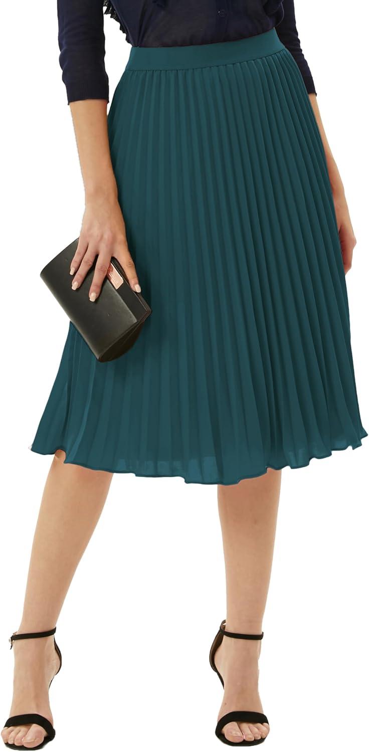 imageGRACE KARIN Women High Elastic Waist Pleated Chiffon Skirt Midi Swing Aline SkirtsBlue Green