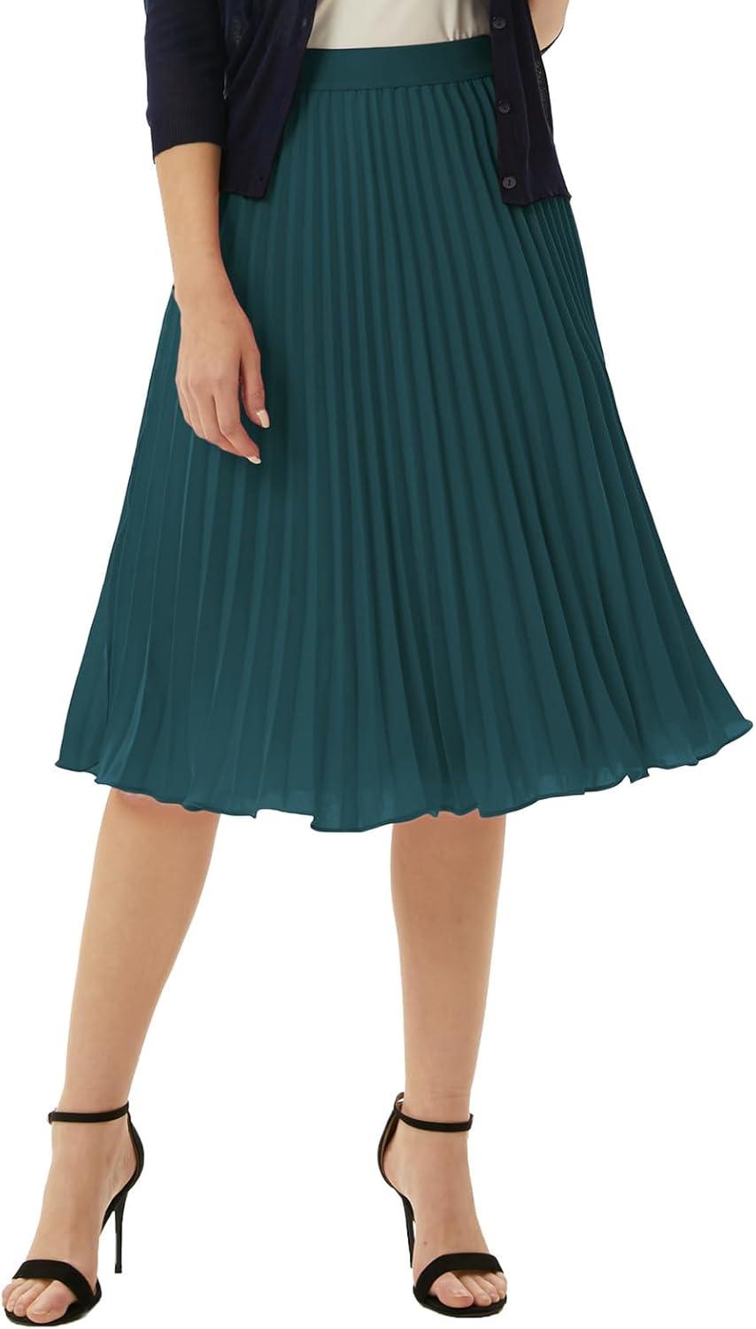 imageGRACE KARIN Women High Elastic Waist Pleated Chiffon Skirt Midi Swing Aline SkirtsBlue Green
