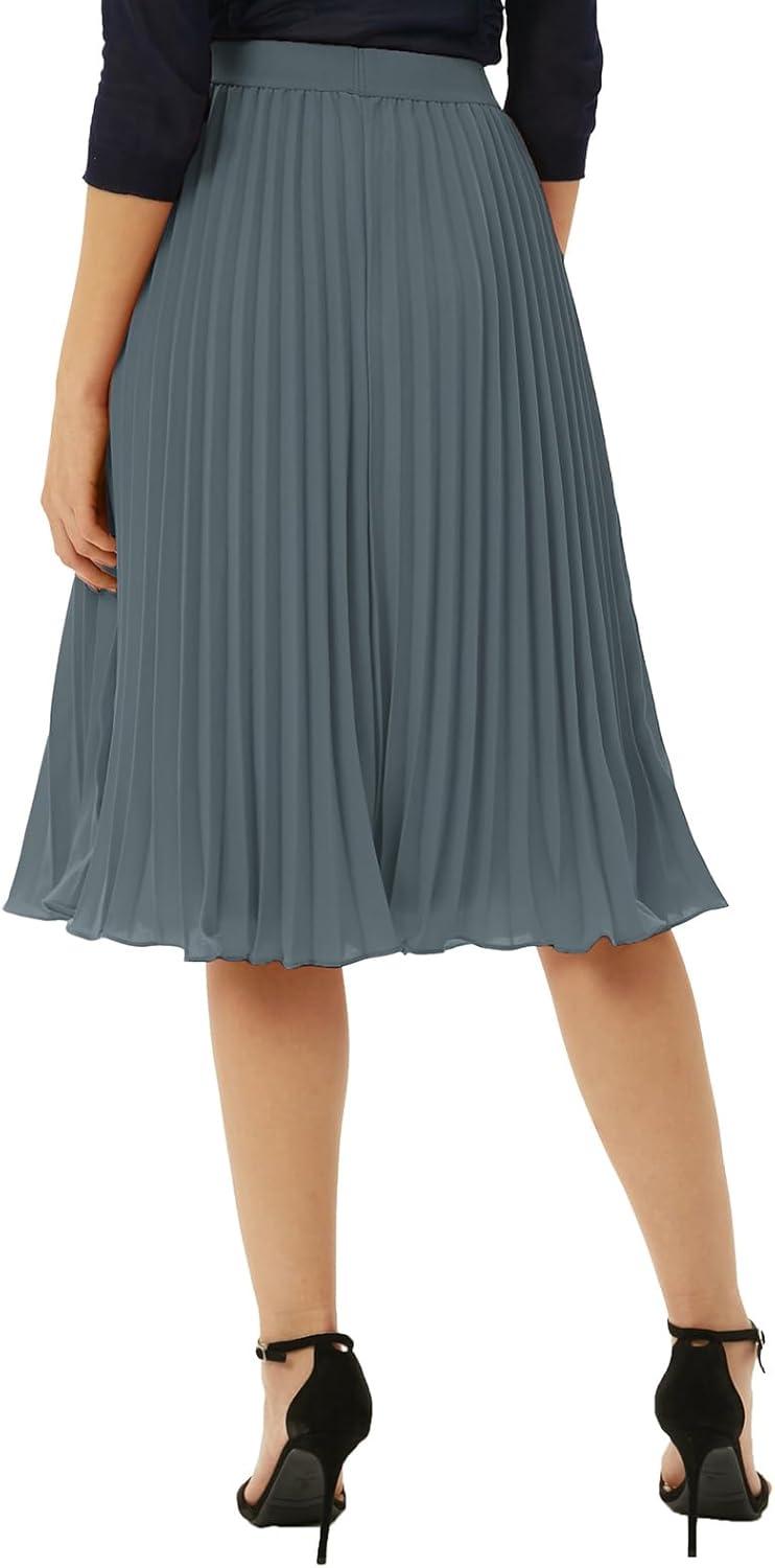 imageGRACE KARIN Women High Elastic Waist Pleated Chiffon Skirt Midi Swing Aline SkirtsDark Gray