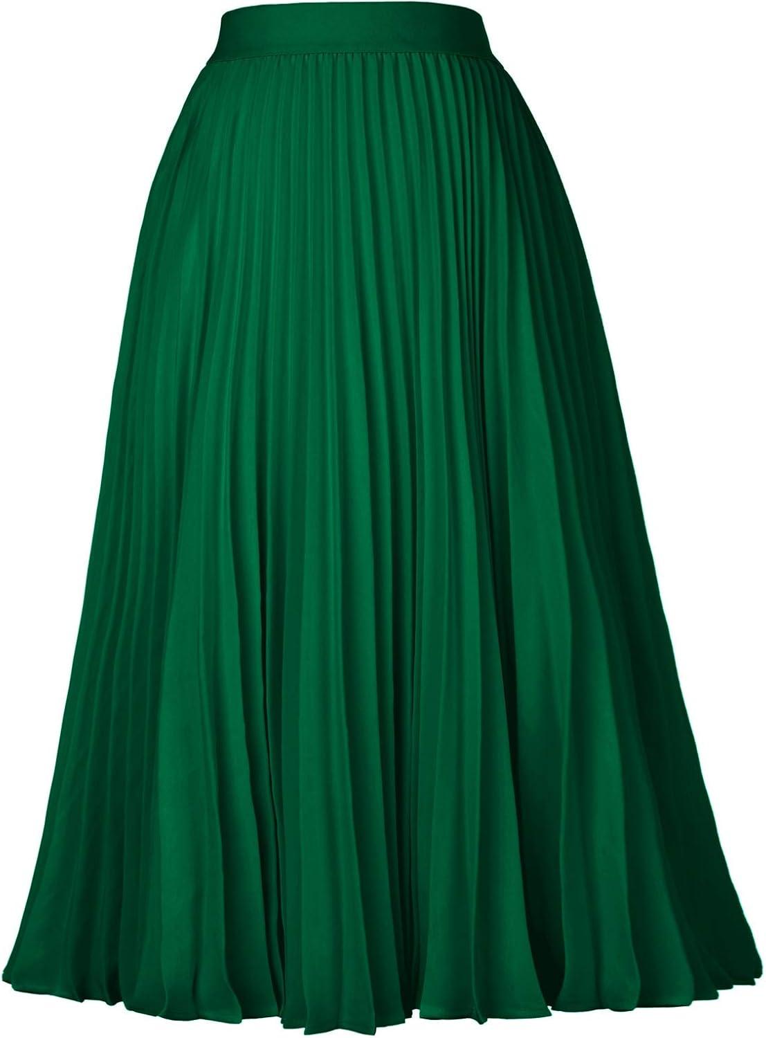 imageGRACE KARIN Women High Elastic Waist Pleated Chiffon Skirt Midi Swing Aline SkirtsDark Green