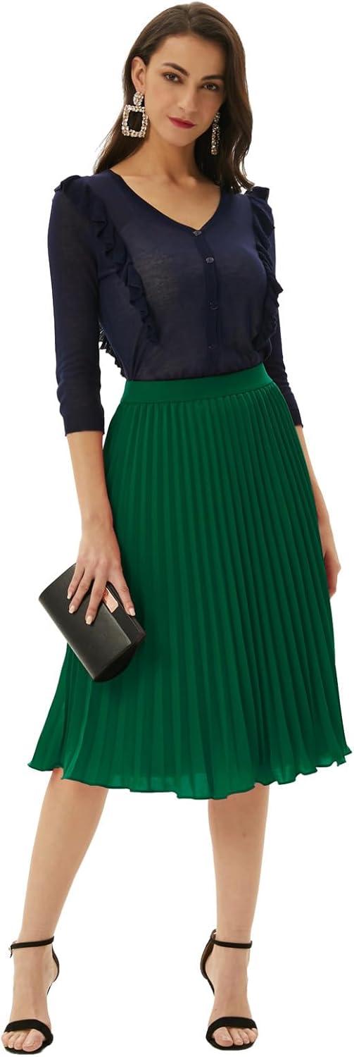 imageGRACE KARIN Women High Elastic Waist Pleated Chiffon Skirt Midi Swing Aline SkirtsDark Green
