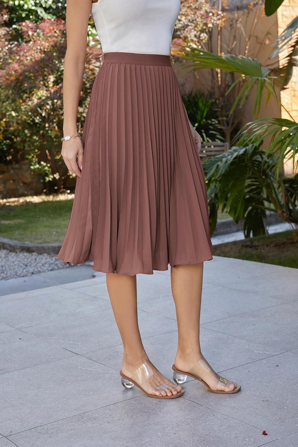 imageGRACE KARIN Women High Elastic Waist Pleated Chiffon Skirt Midi Swing Aline SkirtsLight Brown