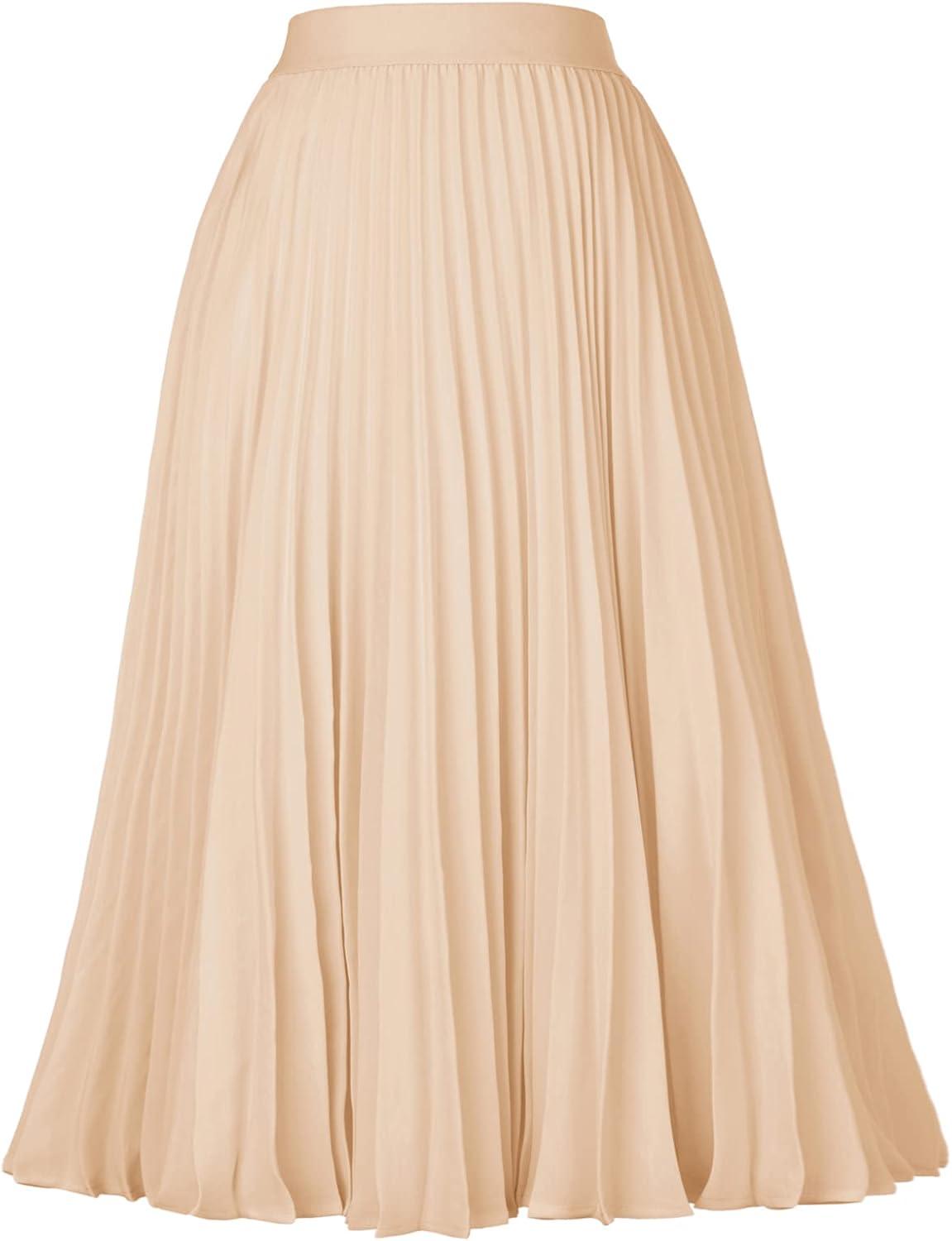 imageGRACE KARIN Women High Elastic Waist Pleated Chiffon Skirt Midi Swing Aline SkirtsLight Khaki