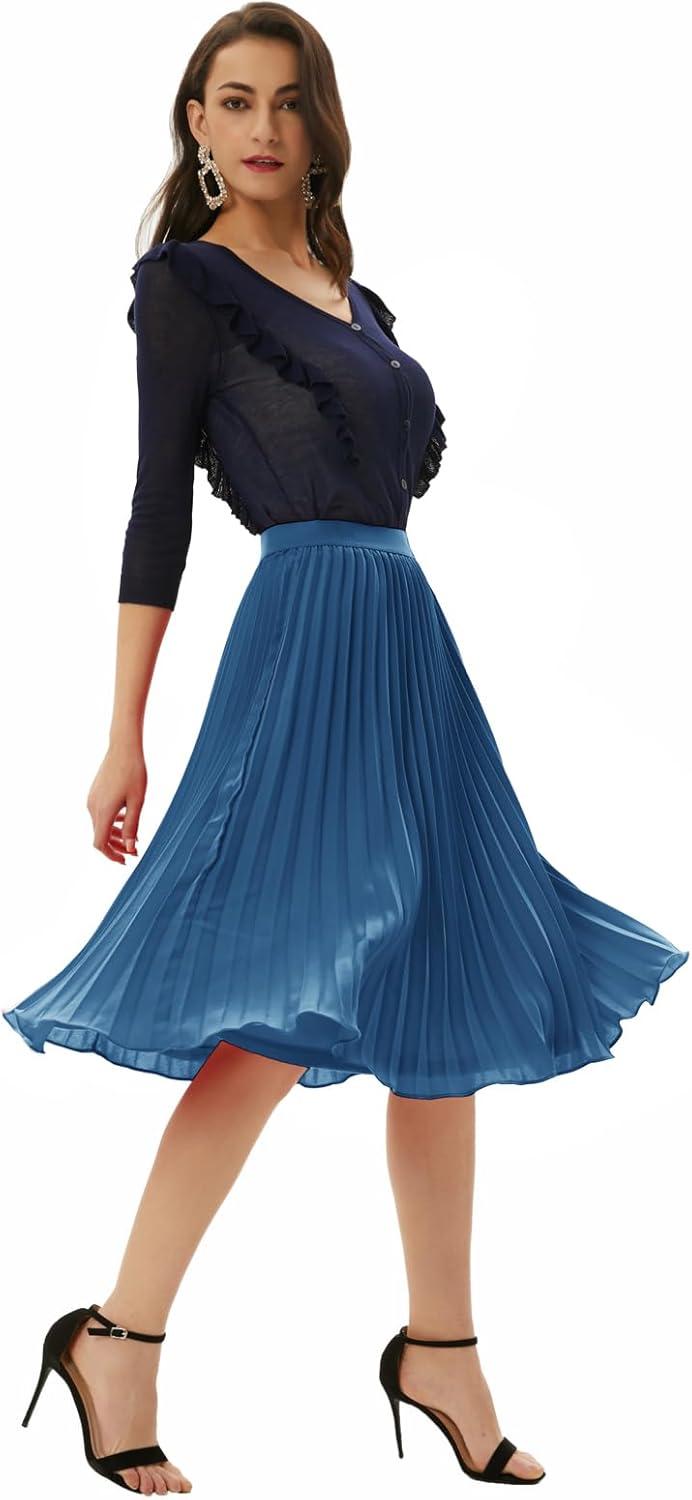 imageGRACE KARIN Women High Elastic Waist Pleated Chiffon Skirt Midi Swing Aline SkirtsLight Navy