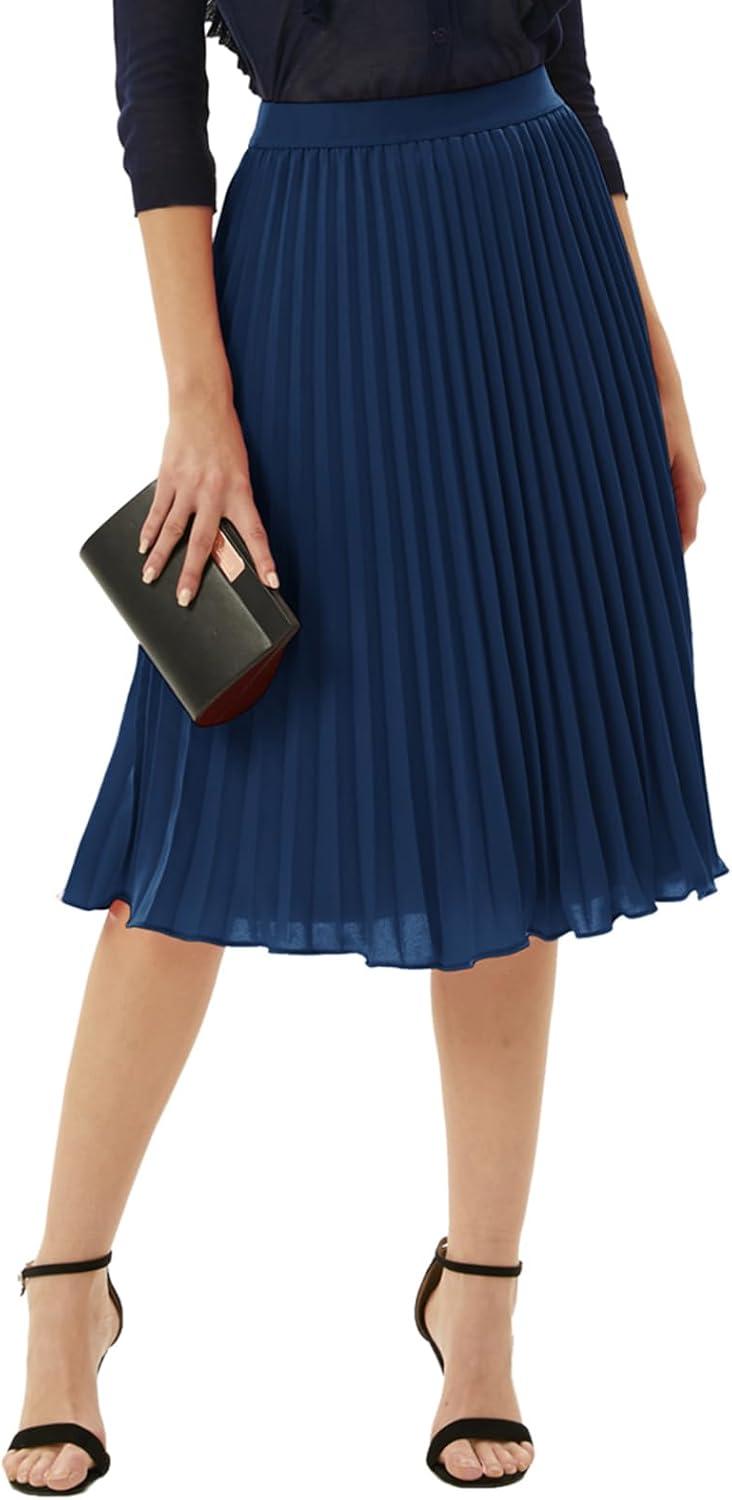 imageGRACE KARIN Women High Elastic Waist Pleated Chiffon Skirt Midi Swing Aline SkirtsNavy