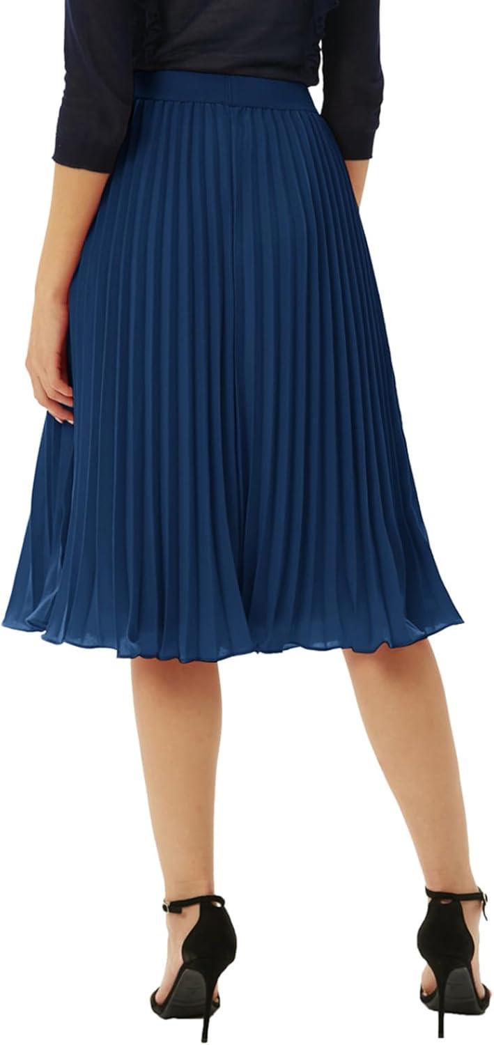 imageGRACE KARIN Women High Elastic Waist Pleated Chiffon Skirt Midi Swing Aline SkirtsNavy