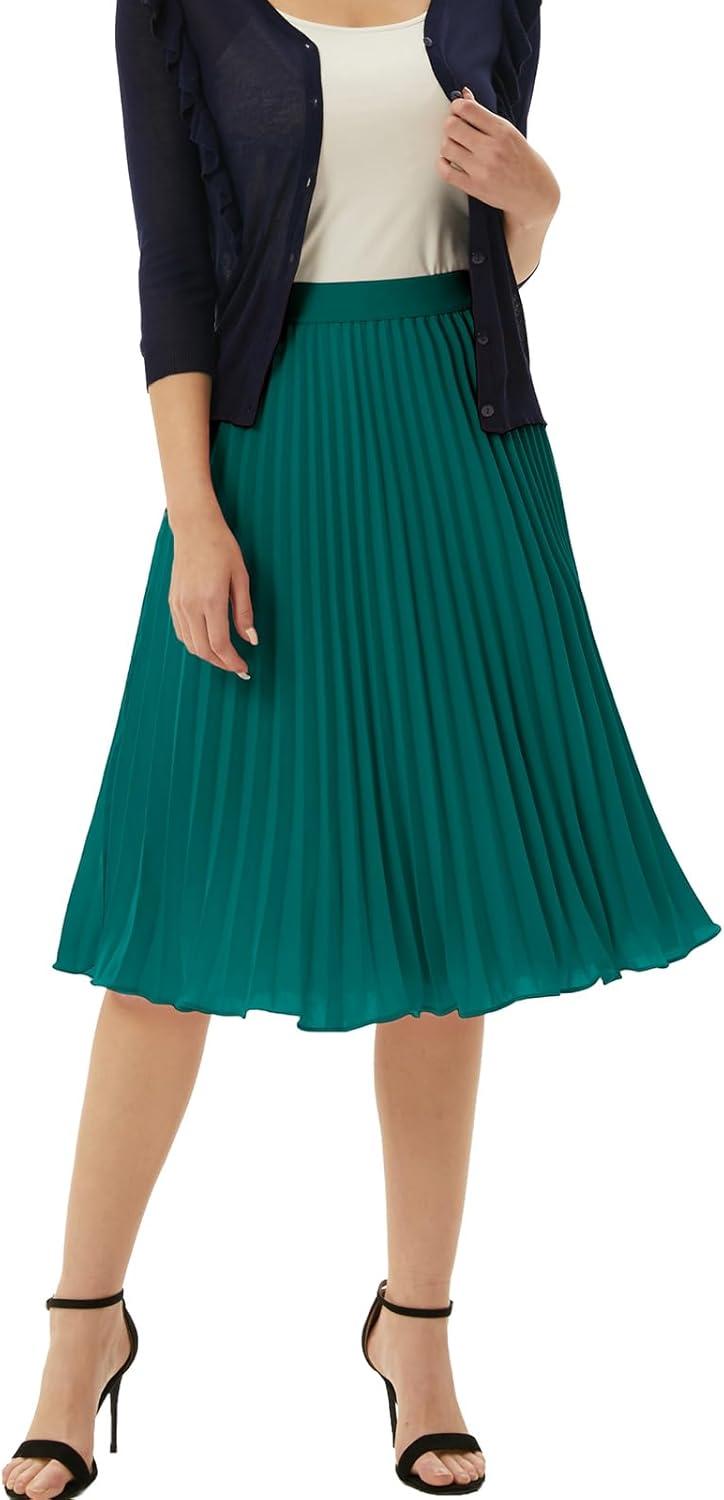 imageGRACE KARIN Women High Elastic Waist Pleated Chiffon Skirt Midi Swing Aline SkirtsPeacock Blue