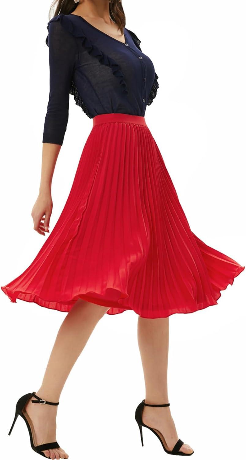 imageGRACE KARIN Women High Elastic Waist Pleated Chiffon Skirt Midi Swing Aline SkirtsRed