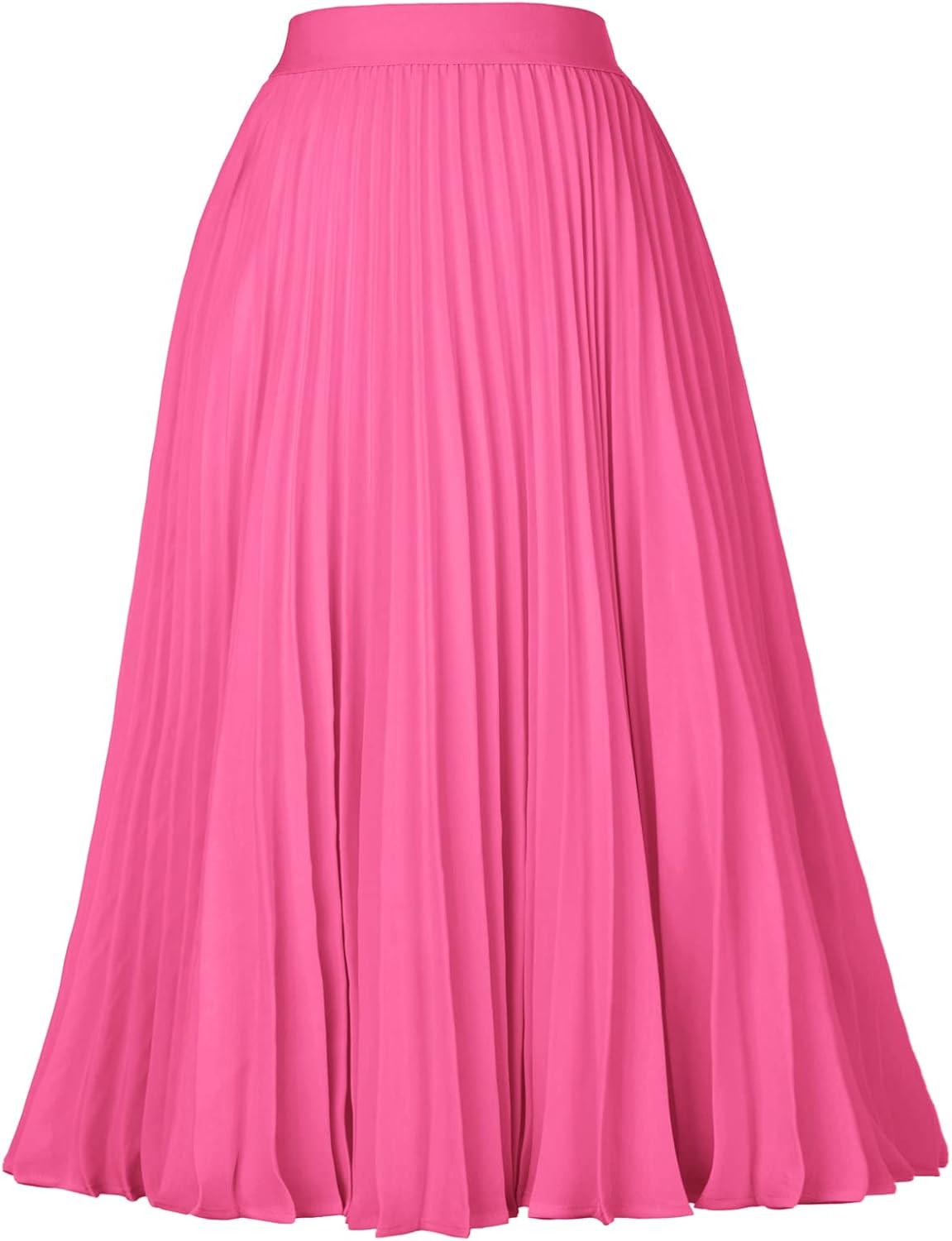 imageGRACE KARIN Women High Elastic Waist Pleated Chiffon Skirt Midi Swing Aline SkirtsRose Pink