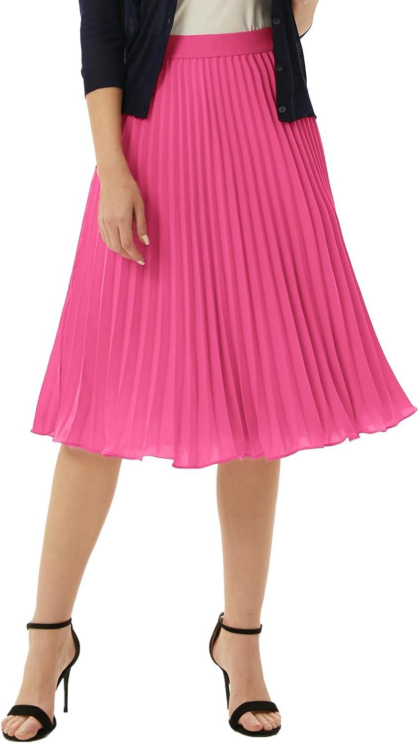 imageGRACE KARIN Women High Elastic Waist Pleated Chiffon Skirt Midi Swing Aline SkirtsRose Pink
