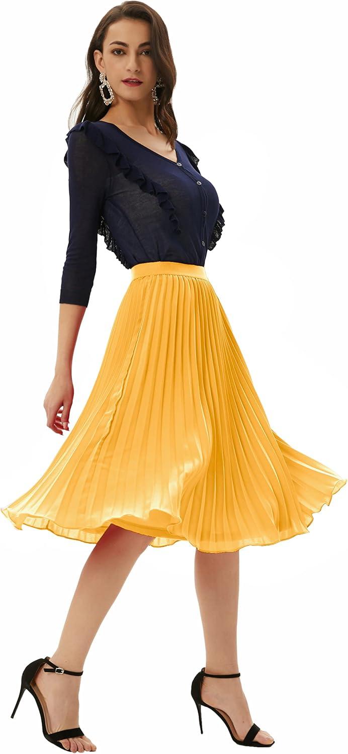 imageGRACE KARIN Women High Elastic Waist Pleated Chiffon Skirt Midi Swing Aline SkirtsYellow