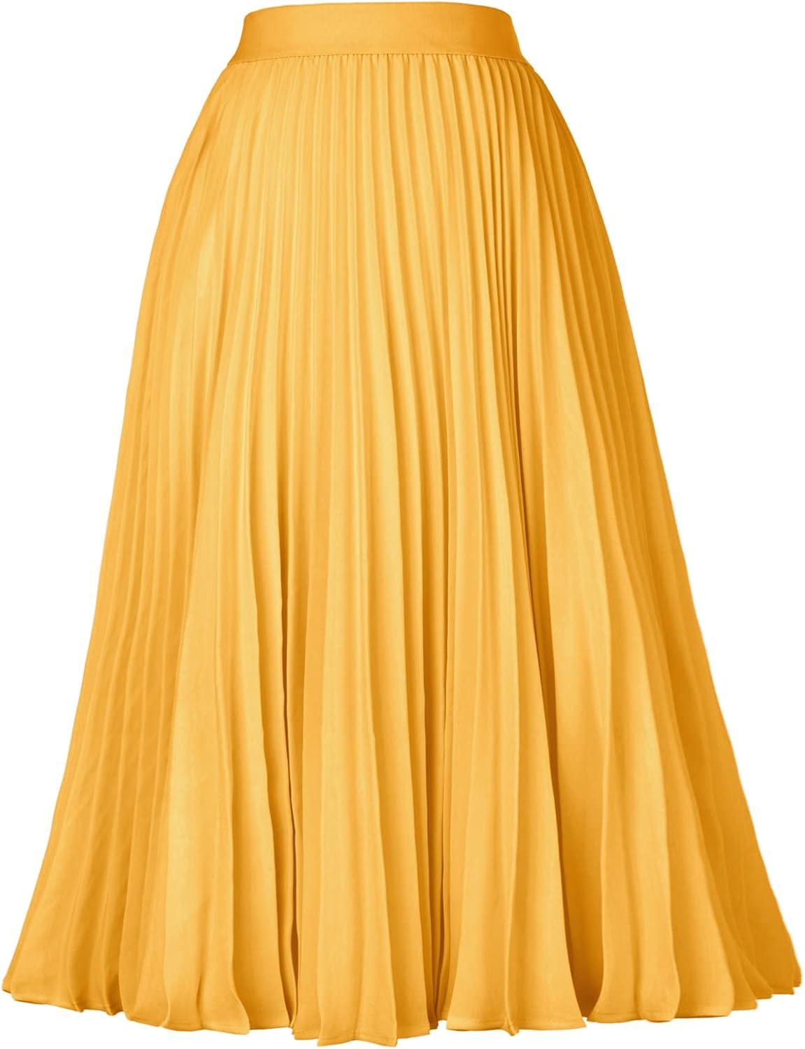 imageGRACE KARIN Women High Elastic Waist Pleated Chiffon Skirt Midi Swing Aline SkirtsYellow