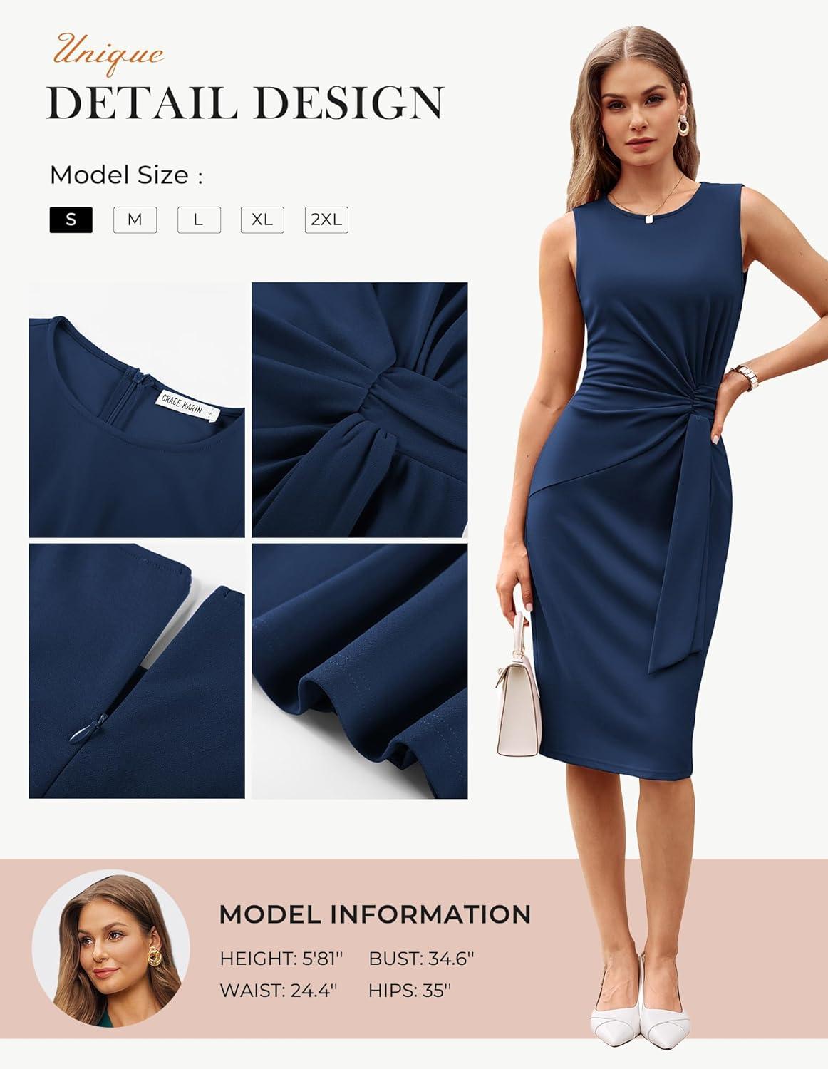 imageGRACE KARIN Women Work DressBodycon Pencil Business DressesSleeveless Cocktail Dresses Knee LengthNavy Blue