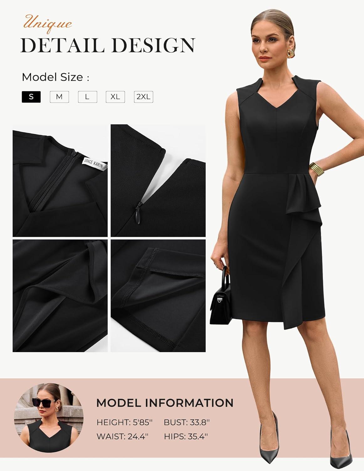 imageGRACE KARIN Womens Bodycon Dress Sleeveless 2026 Spring Summer V Neck Ruffle Midi Pencil Dresses Church Work Cocktail DressBlack