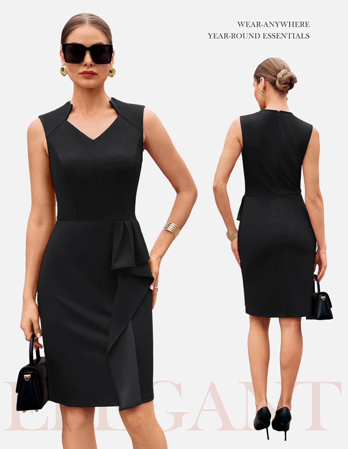imageGRACE KARIN Womens Bodycon Dress Sleeveless 2026 Spring Summer V Neck Ruffle Midi Pencil Dresses Church Work Cocktail DressBlack