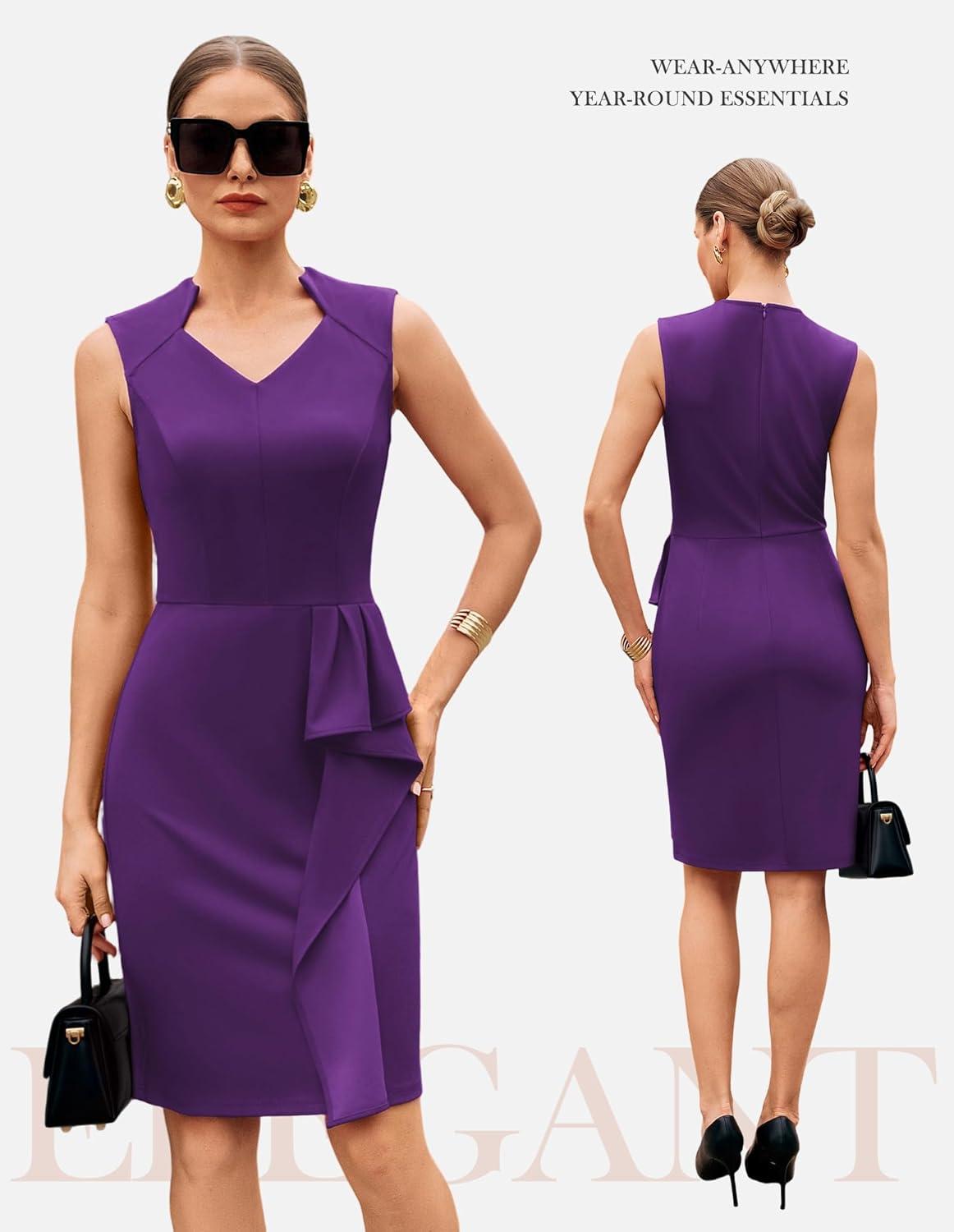 imageGRACE KARIN Womens Bodycon Dress Sleeveless 2026 Spring Summer V Neck Ruffle Midi Pencil Dresses Church Work Cocktail DressPurple