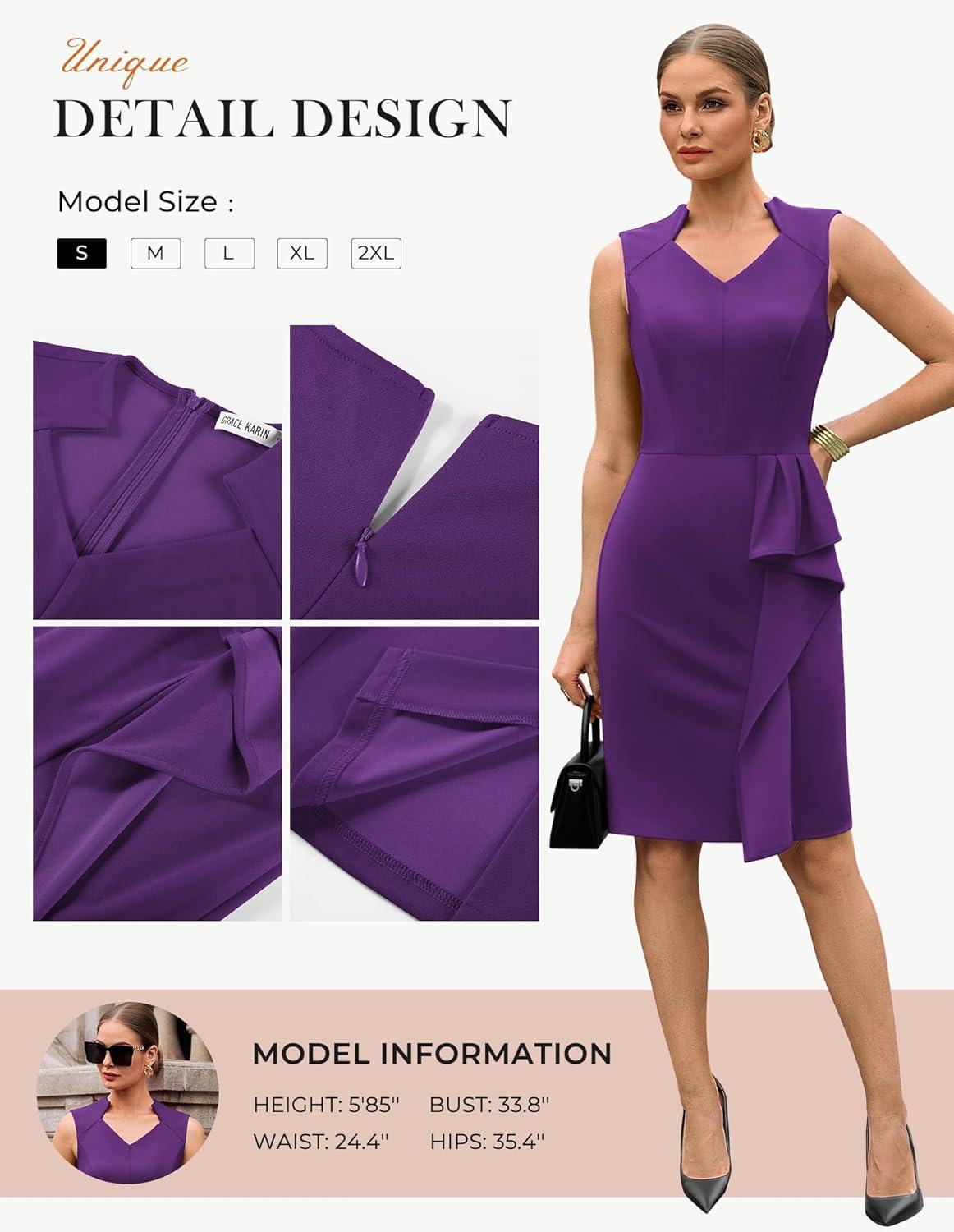 imageGRACE KARIN Womens Bodycon Dress Sleeveless 2026 Spring Summer V Neck Ruffle Midi Pencil Dresses Church Work Cocktail DressPurple