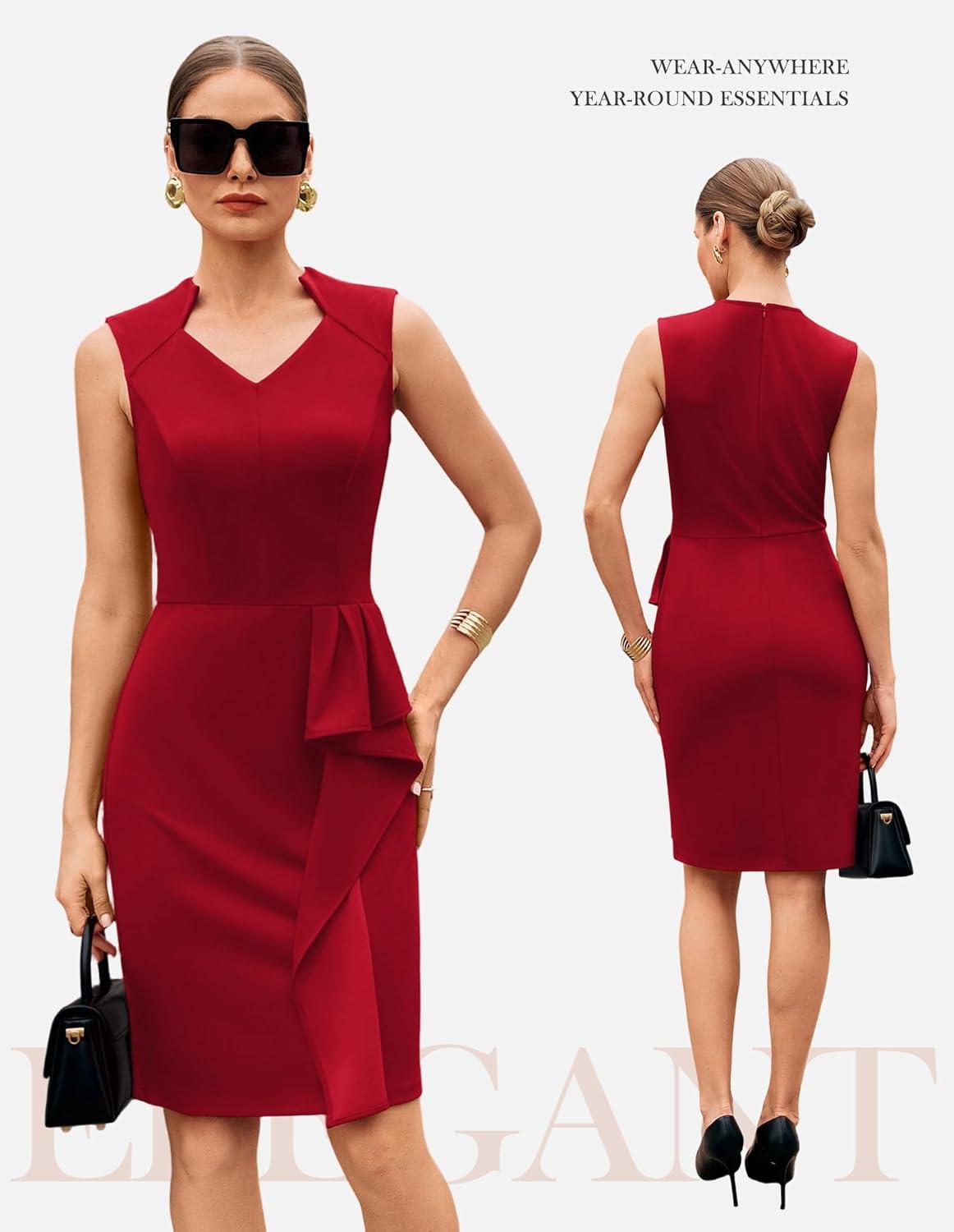 imageGRACE KARIN Womens Bodycon Dress Sleeveless 2026 Spring Summer V Neck Ruffle Midi Pencil Dresses Church Work Cocktail DressRed