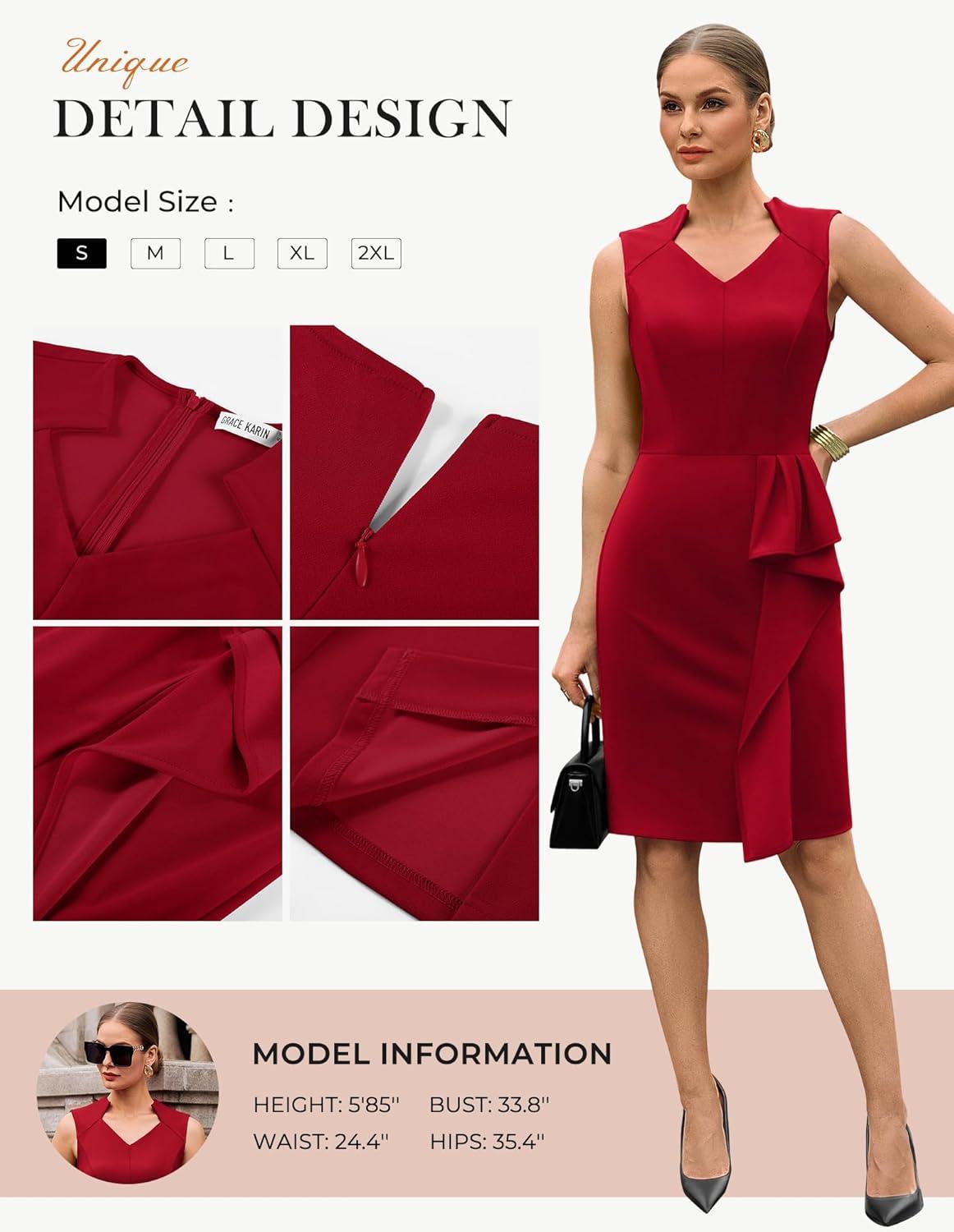 imageGRACE KARIN Womens Bodycon Dress Sleeveless 2026 Spring Summer V Neck Ruffle Midi Pencil Dresses Church Work Cocktail DressRed
