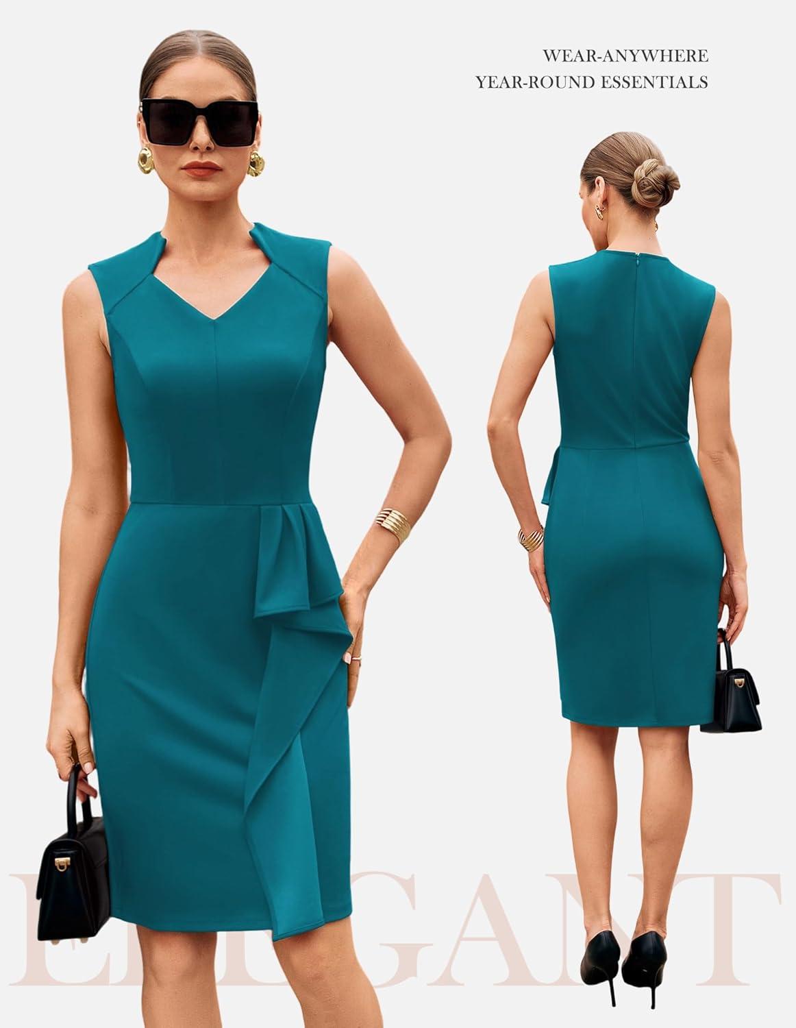 imageGRACE KARIN Womens Bodycon Dress Sleeveless 2026 Spring Summer V Neck Ruffle Midi Pencil Dresses Church Work Cocktail DressTeal