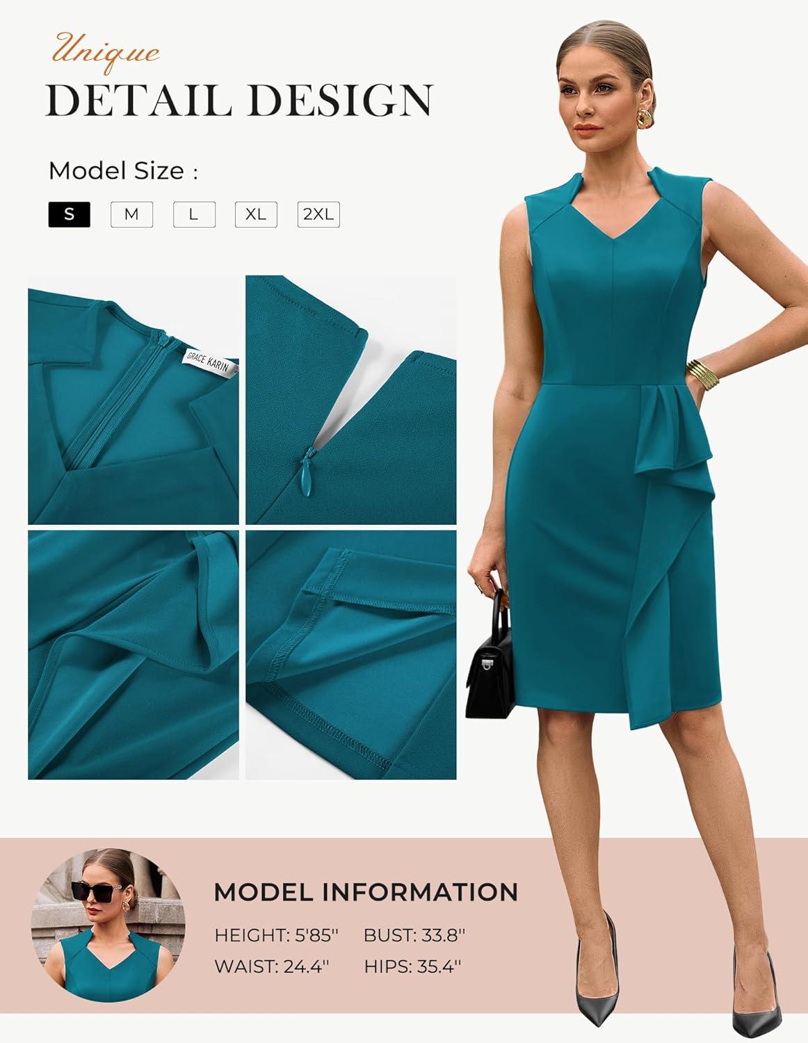 imageGRACE KARIN Womens Bodycon Dress Sleeveless 2026 Spring Summer V Neck Ruffle Midi Pencil Dresses Church Work Cocktail DressTeal