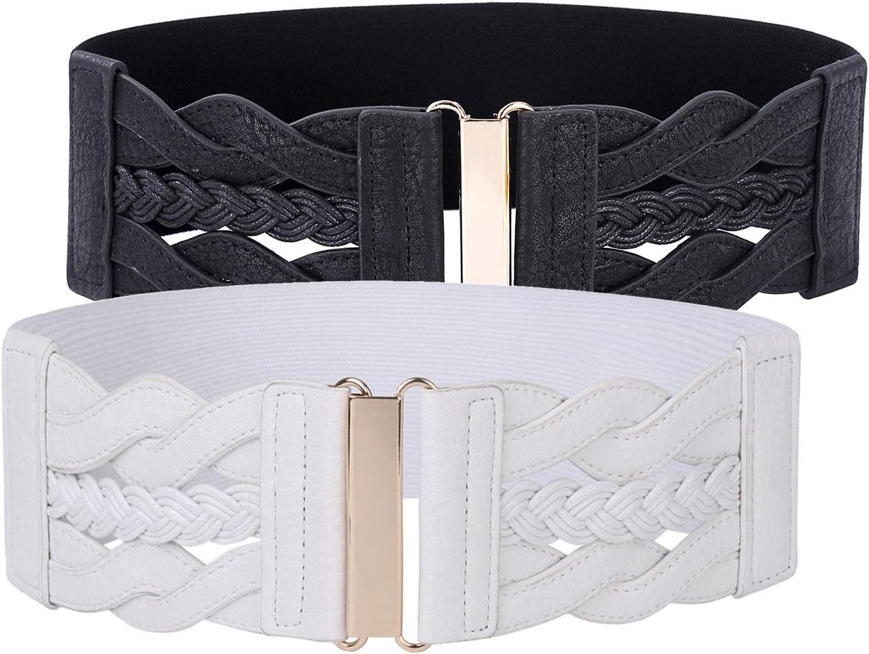 imageGRACE KARIN Womens Elastic Wide Belts Vintage Stretchy Belt Retro Fashion Cinch Belts for DressesBlack White